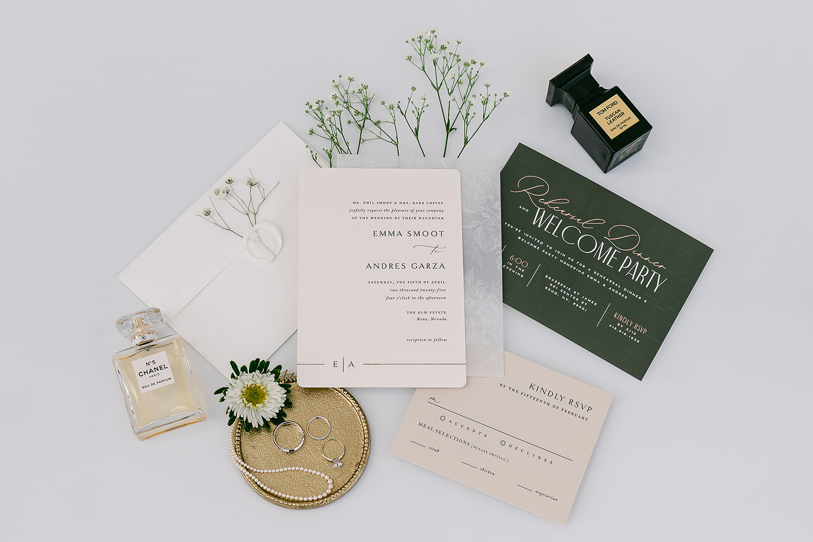 Flatlay of wedding invitations for real wedding couple at The Elm Estate